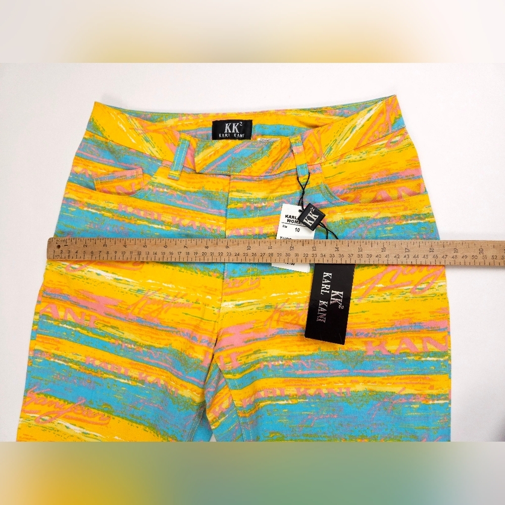 Karl Kani Vintage 90s NWT Turquoise Yellow Flare Denim Jeans 28 Small - Picture 6 of 16
